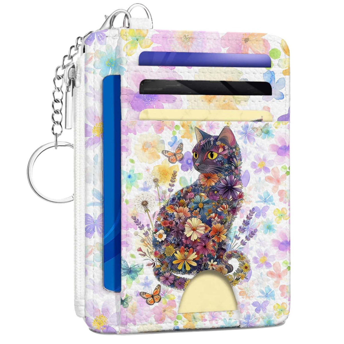 Gifts for Cat Lovers,Funny Cat Credit Card Holder Small Keychain Wallet for Women, Cute Blocking Wallet Coin Pocket,Front Pocket Thin Travel Card Case with ID Window