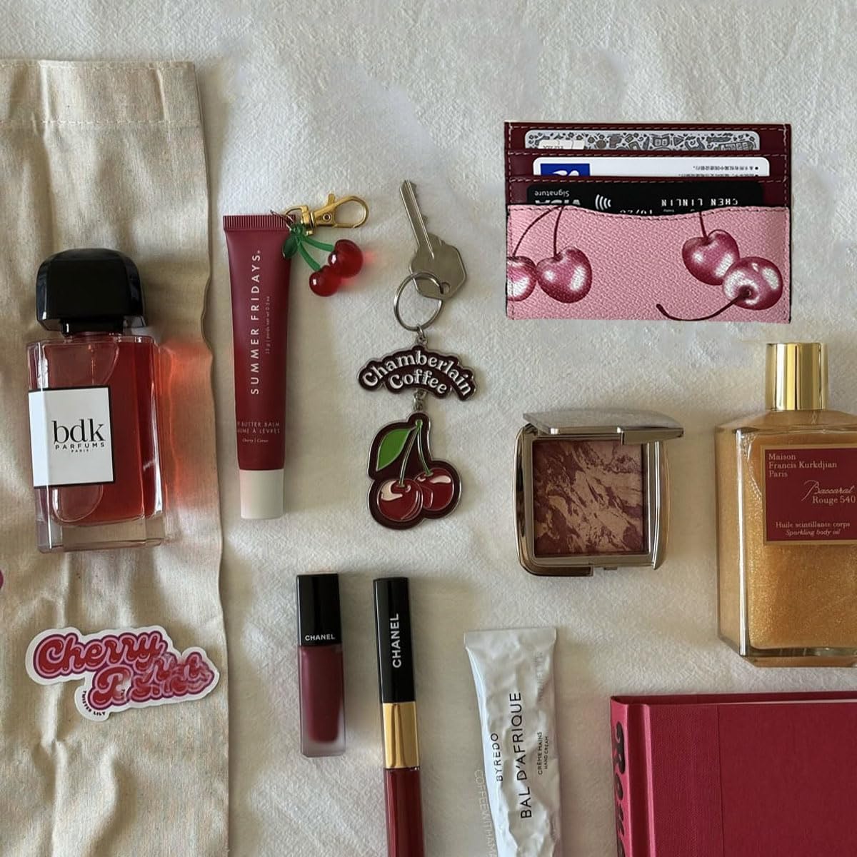 Slim Card Case Leather Credit Card Holder with Cherry Print