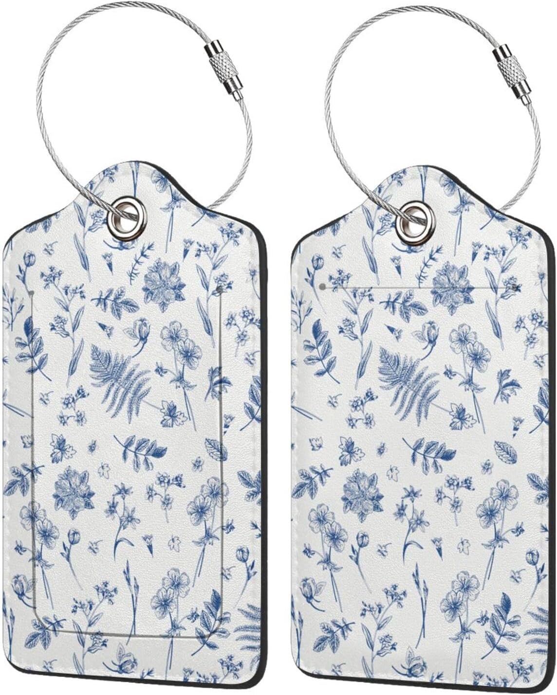 Vintage Blue Flower Luggage Tags 2 Pcs PU Leather Suitcase Tag for Cruise Ship Travel Bag with Stainless Steel Loop Privacy Cover Label for Women Men