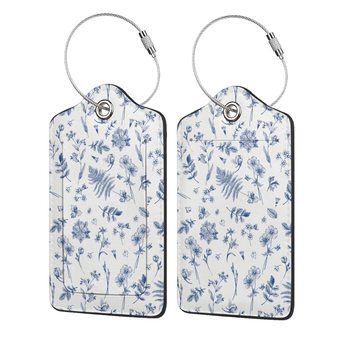 Vintage Blue Flower Luggage Tags 2 Pcs PU Leather Suitcase Tag for Cruise Ship Travel Bag with Stainless Steel Loop Privacy Cover Label for Women Men