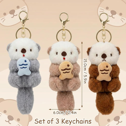 3Pcs Otter Keychain, Cute Otter Keychain Plush, Soft PP Cotton Filling Stuffed Animal Keychain for Handbags, Backpacks, Car Key Decor