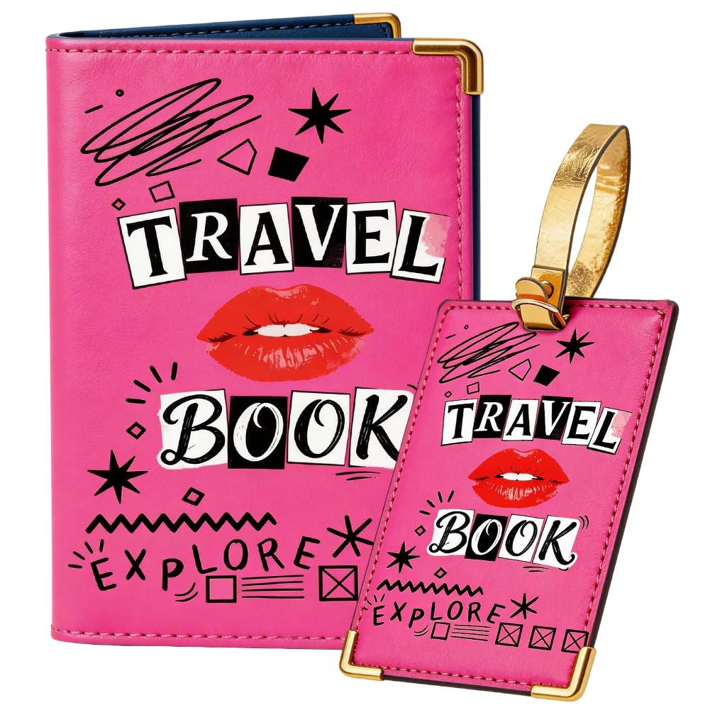 Cat Design Passport Holder Luggage Tag Men Women for Travel Essentials, Leather Passport Cover Cute Cartoon Pattern Travel Wallet Card Protector Stylish Accessories 5.4 x 4.1 x 0.2 Inch