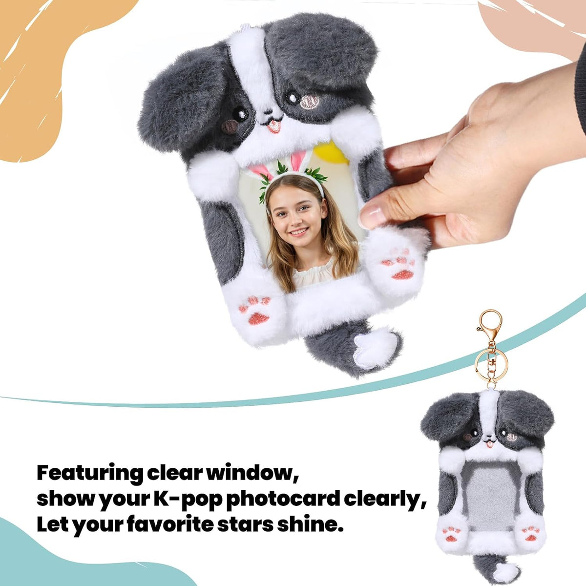NEWEST 2PCS Puppies Plush Kpop Photocard Holder with Keychain, Cute Dog ID Badge Holder, Soft Cartoon Animal Photo Protective Sleeve Case Card Cover for Kpop Idol Photo Card School Office Card Supply