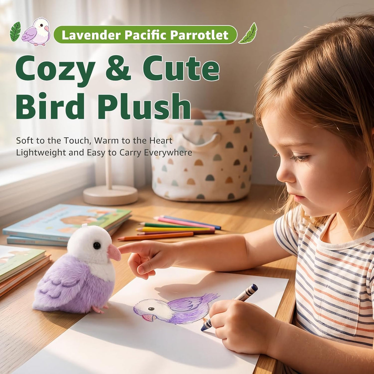 Ditucu Palm-Sized Lavender Pacific Parrotlet Keychain Plush Cute Soft 4.3 inch Bird Stuffed Animal Realistic Purple Parrot Toys Gifts Pendant for Backpack Decoration for Kids Adults