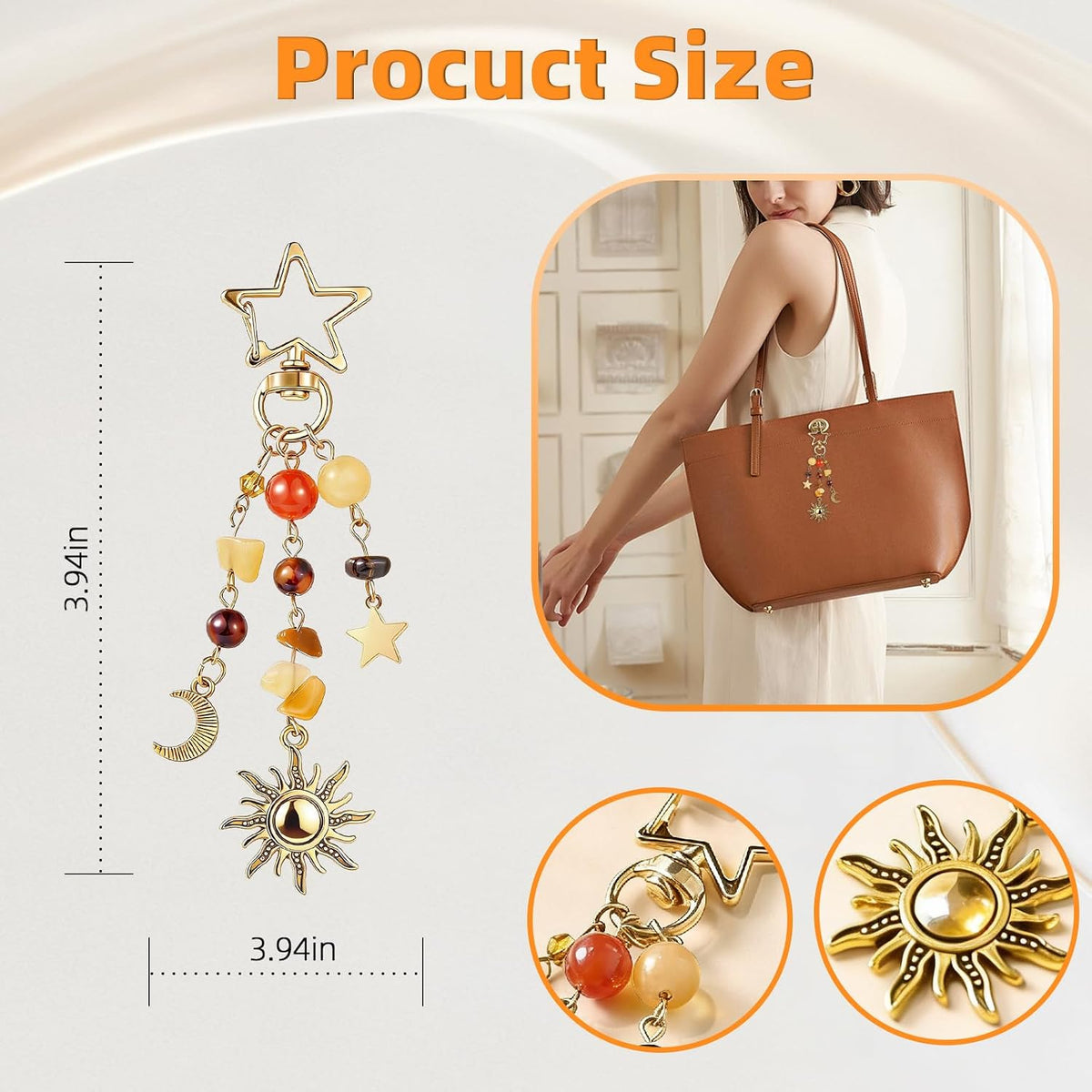 Sun and Moon Keychain Colorful Star Beads Gemstone Charm, Y2K Aesthetic Purse Charm for Women,Men, Handbag & Backpack Decoration