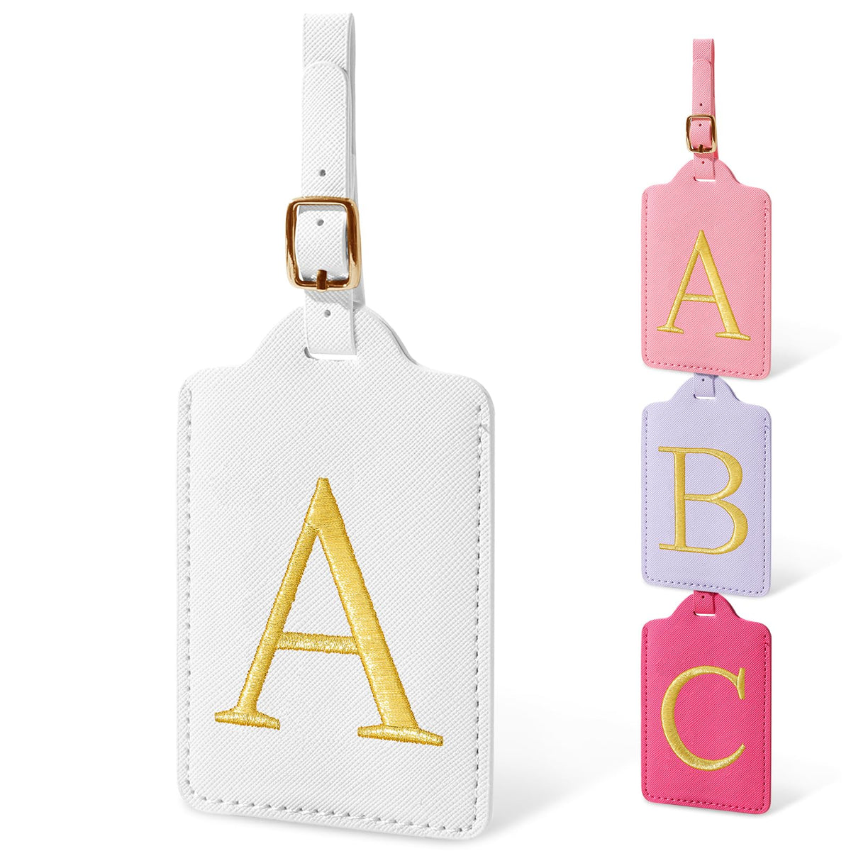 Personalized Initial Luggage Tags for Suitcases, Cute PU Leather Embroidered Letter Travel Luggage Tags, Suitcase Identifier Name Baggage Tag, Bag Tags for Men Women Kids Luggage Handbags(Pink M)