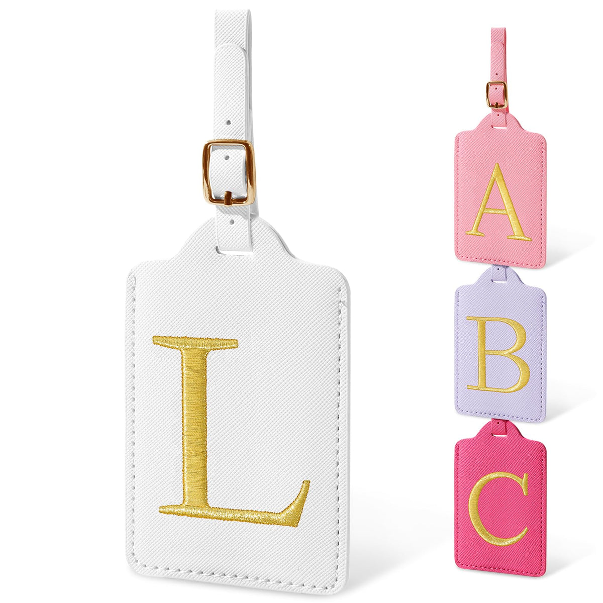 Personalized Initial Luggage Tags for Suitcases, Cute PU Leather Embroidered Letter Travel Luggage Tags, Suitcase Identifier Name Baggage Tag, Bag Tags for Men Women Kids Luggage Handbags(Pink M)