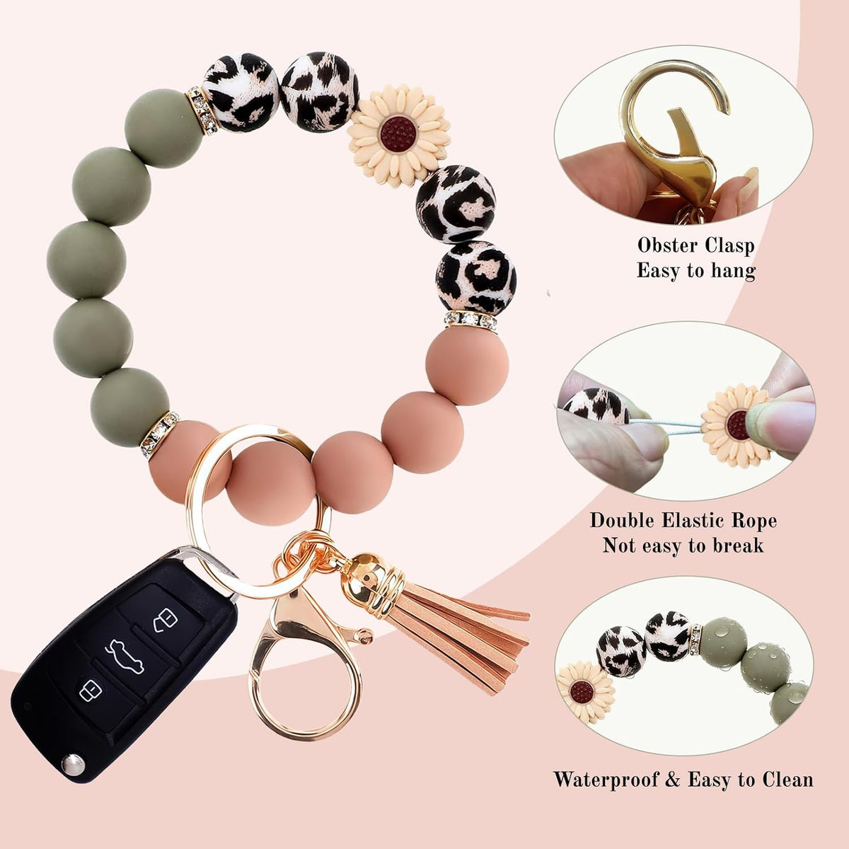 2PCS Bracelet Key Ring Set, Cute Car Key chain Wristlet, Silicone Beaded Bangle keyChains for Women Girls