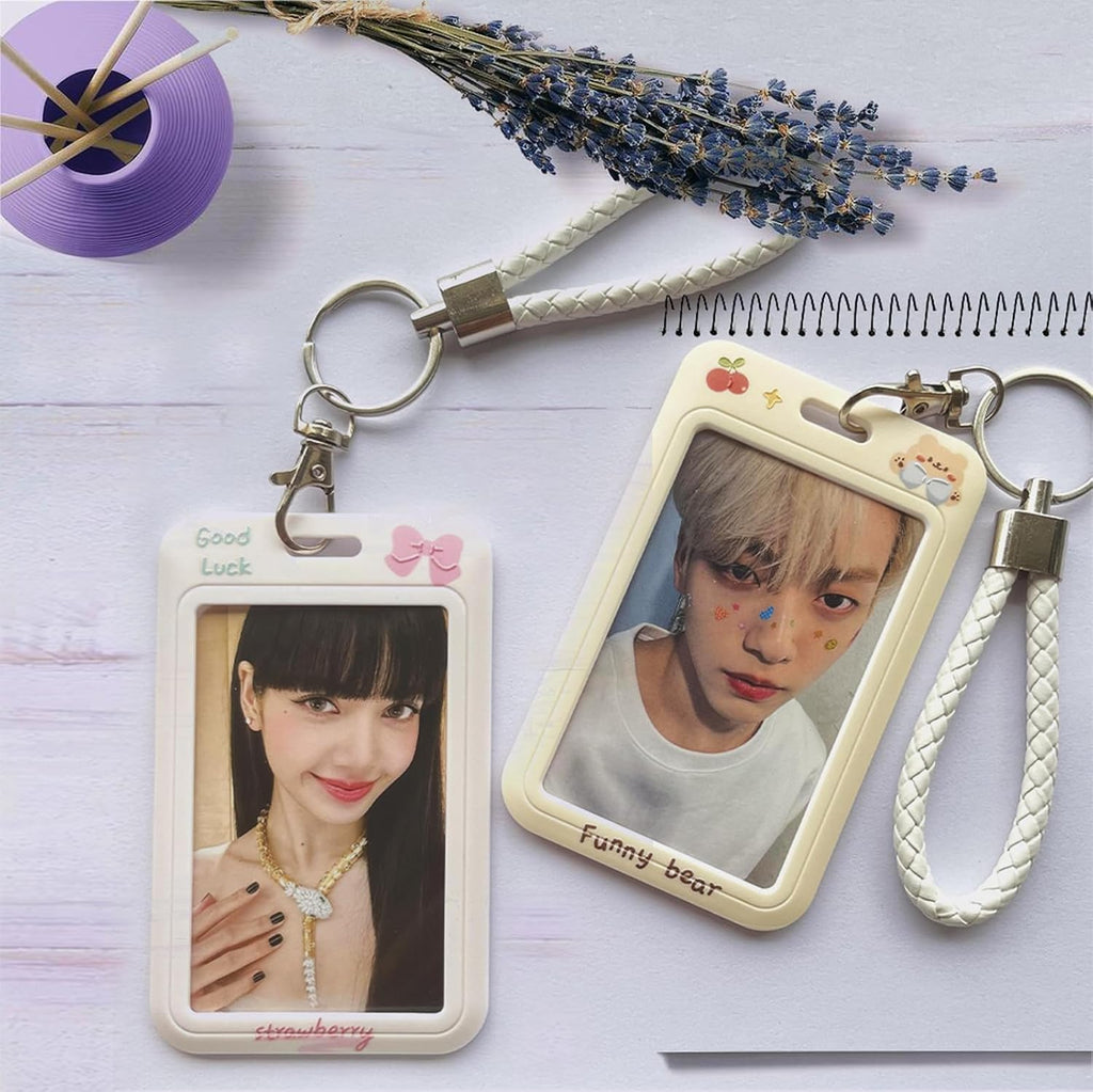 2 Pcs Kpop Photocard Holder PC Holder Kpop ID Badge Holder with Keychain Hard Shell Protective Photo Sleeves (White and Yellow)