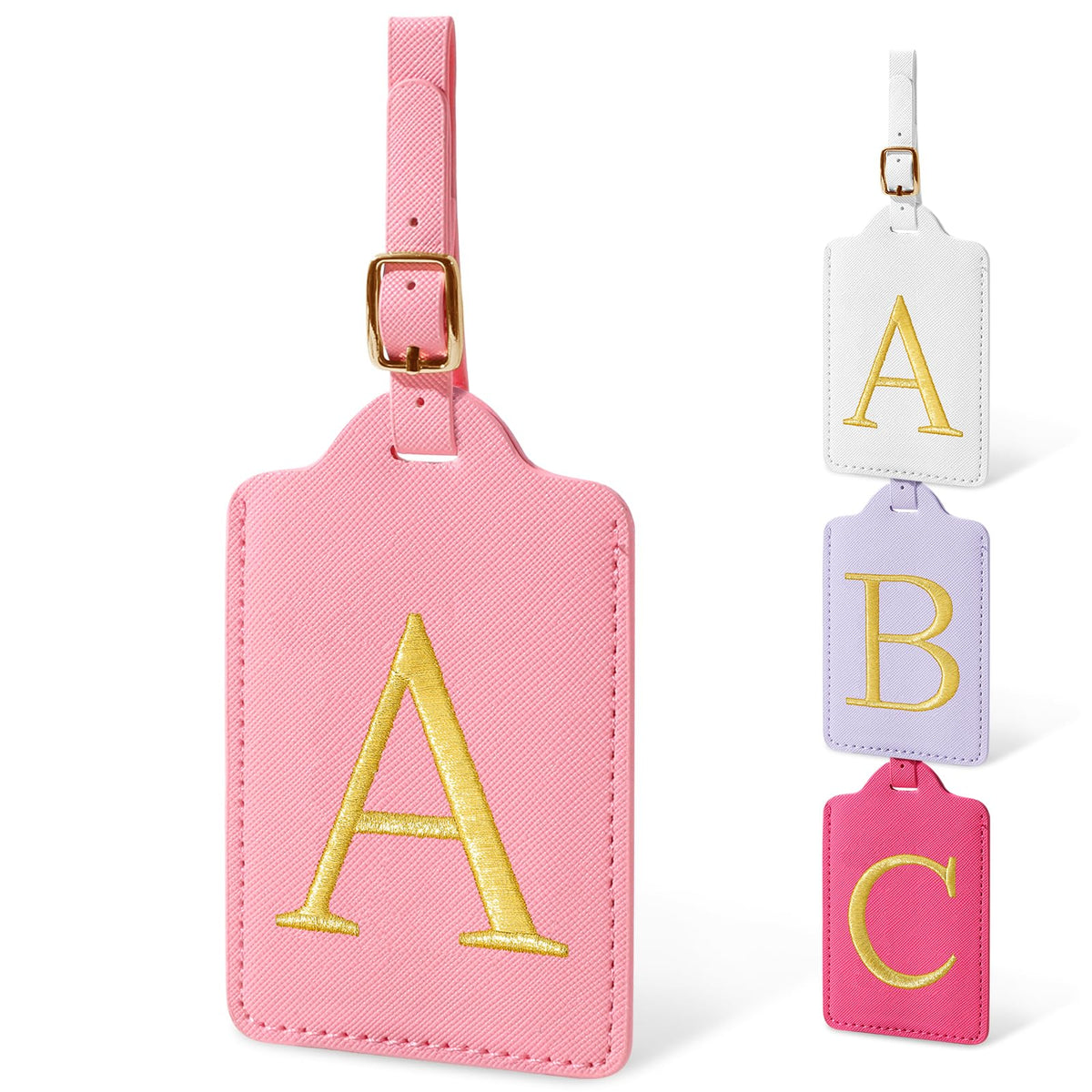 Personalized Initial Luggage Tags for Suitcases, Cute PU Leather Embroidered Letter Travel Luggage Tags, Suitcase Identifier Name Baggage Tag, Bag Tags for Men Women Kids Luggage Handbags(Pink M)