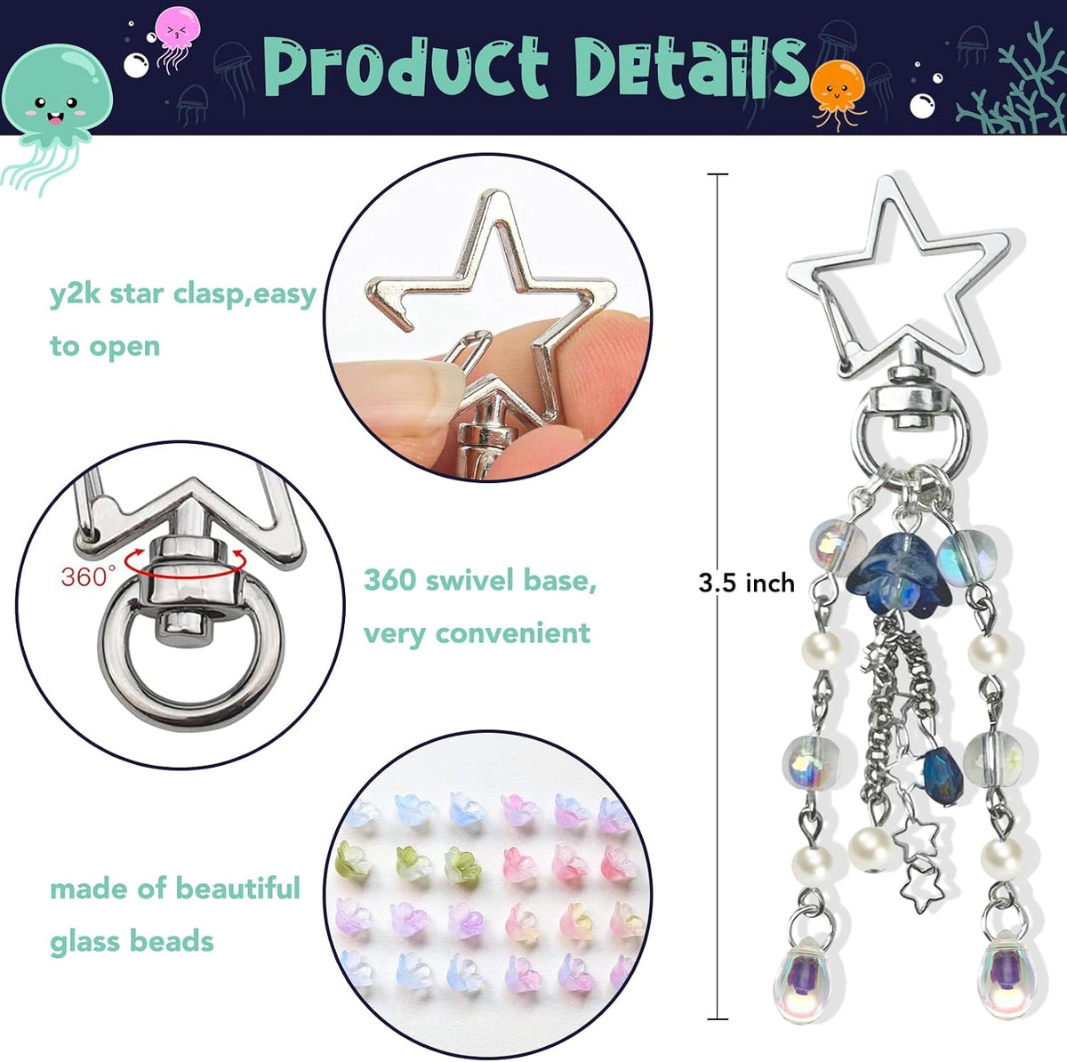 Cute Jellyfish Keychain,Y2K Star Bag Charms Blue Purse Car Accessories