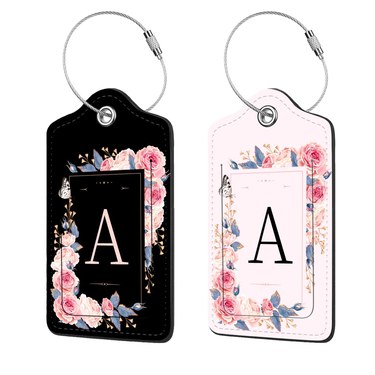 2 Pcs PU Leather Luggage Tag for Suitcases with Privacy Shield and Name ID Tag Address Card Travel Cruise Luggage Tag, Suitable for Men and Women Baggage Handbag Backpack,Flower and Monogram(Letter K