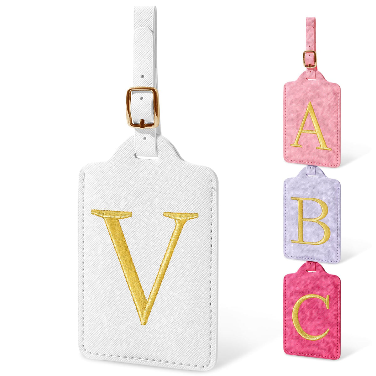 Personalized Initial Luggage Tags for Suitcases, Cute PU Leather Embroidered Letter Travel Luggage Tags, Suitcase Identifier Name Baggage Tag, Bag Tags for Men Women Kids Luggage Handbags(Pink M)