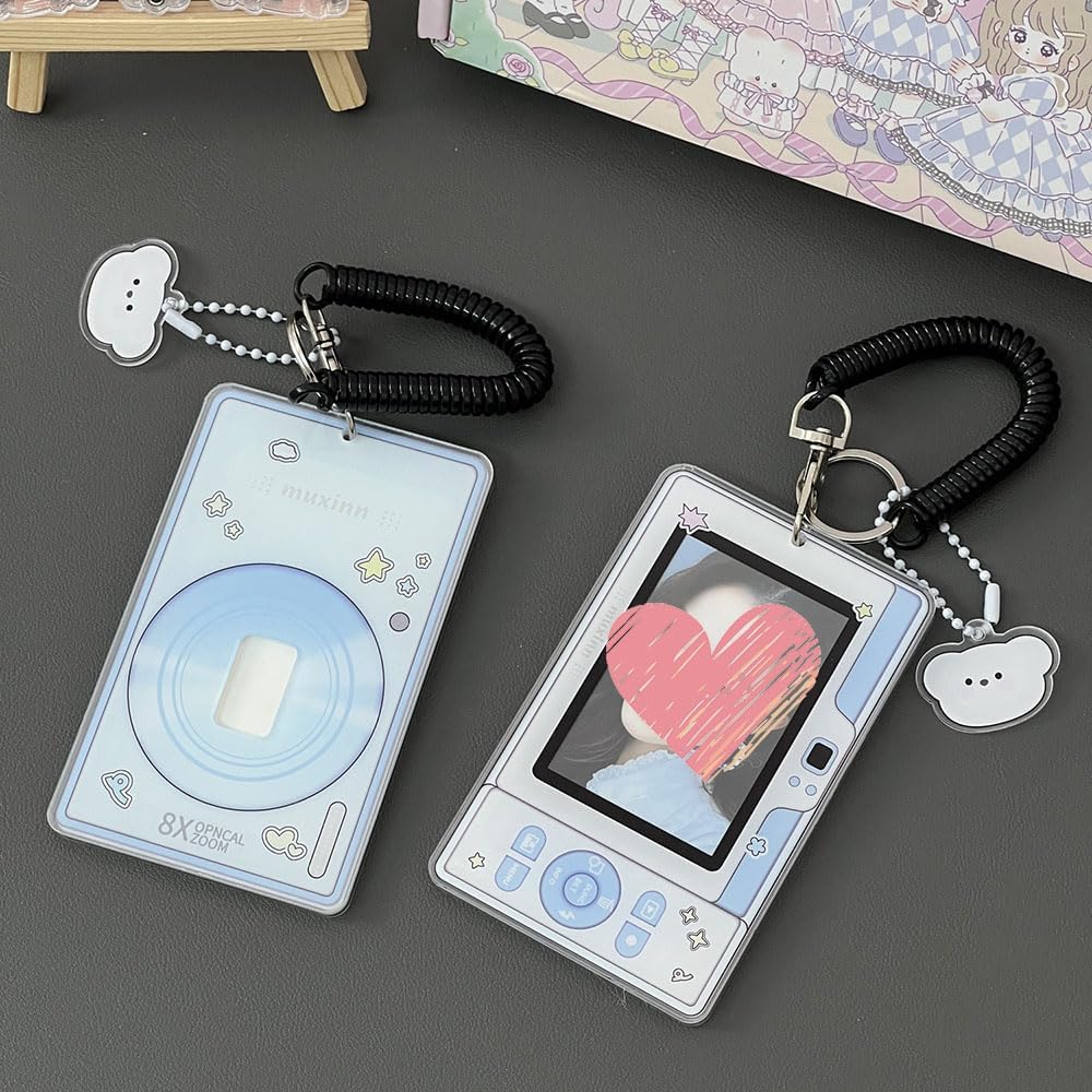 2 Pcs Cartoon Photocard Holder ID Badge Holder,3 Inch Photo Card Holder Id Card Holder Protective Sleeves Photocards Holder,Cute Photocard Holder Keychain Cloud Bear Pendant with Spiral Wrist Coil