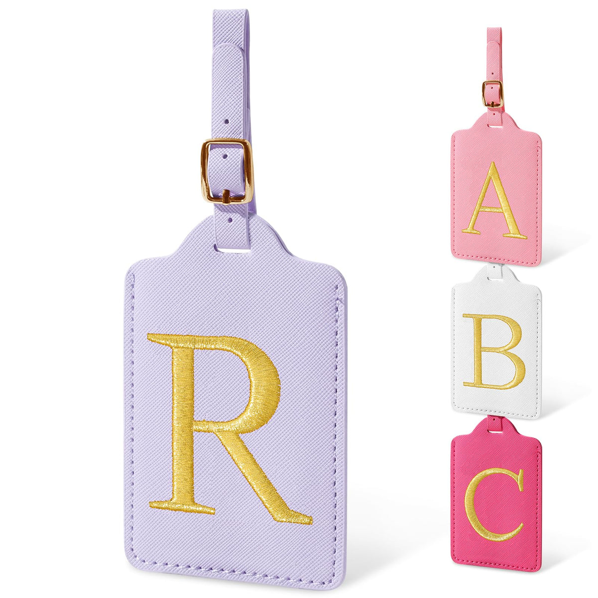 Personalized Initial Luggage Tags for Suitcases, Cute PU Leather Embroidered Letter Travel Luggage Tags, Suitcase Identifier Name Baggage Tag, Bag Tags for Men Women Kids Luggage Handbags(Pink M)