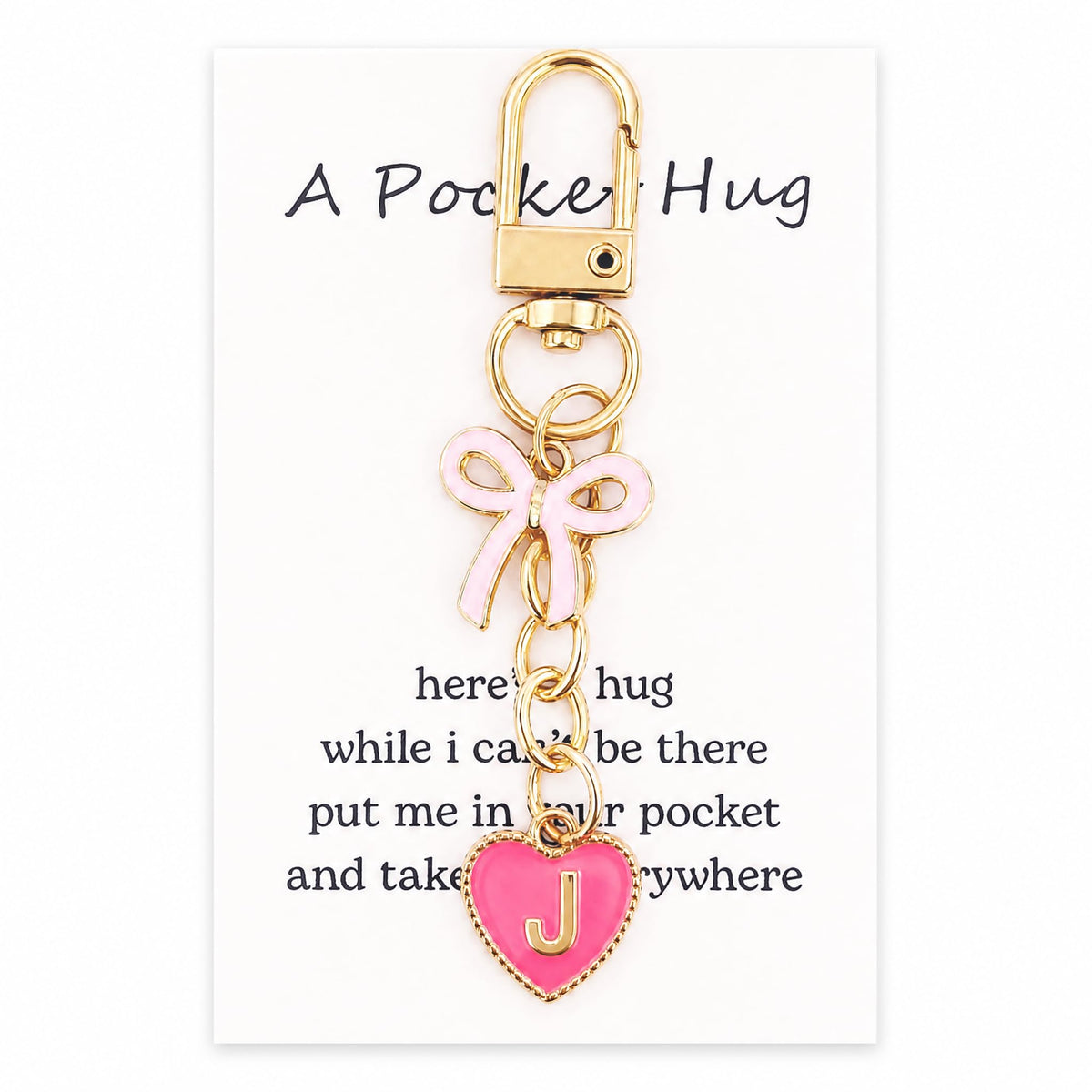 YOJO Pink Initial Letter Keychain with Enamel Bow and Heart Pendant