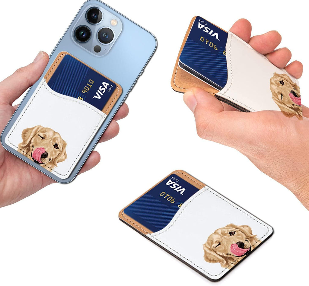 FINCIBO PU Leather Self-Adhesive Universal Credit Card Holder Wallet for All Smart Mobile Cell Phones - Winking Golden Retriever