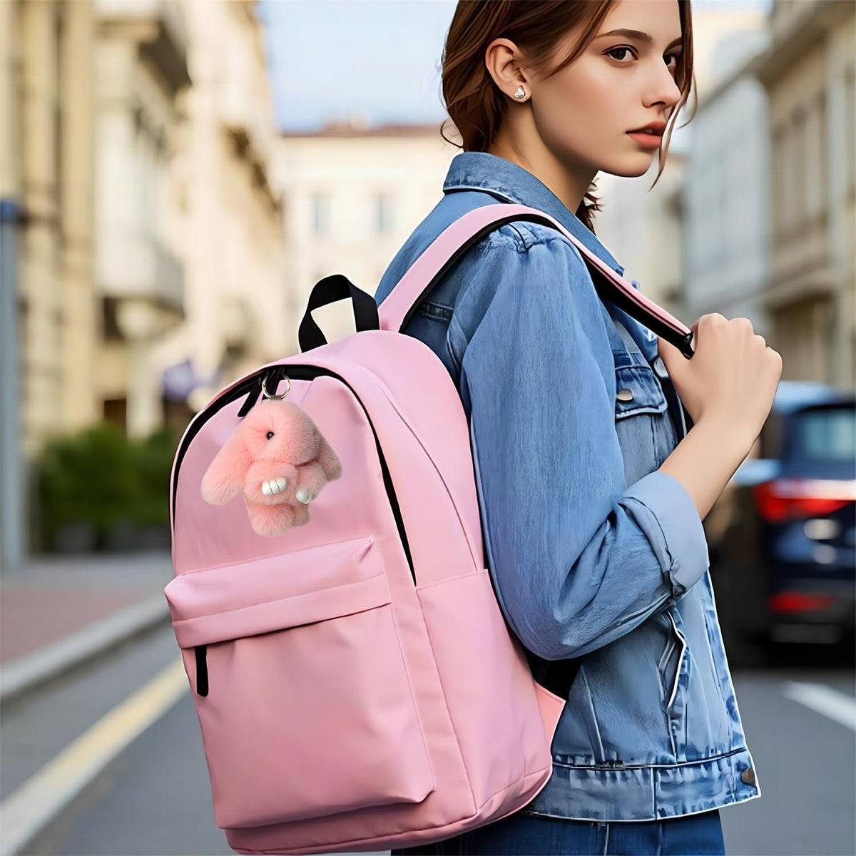 Keychain,Key Chains Women Cute Rabbit,Car keyrings leather handbags(Pink)