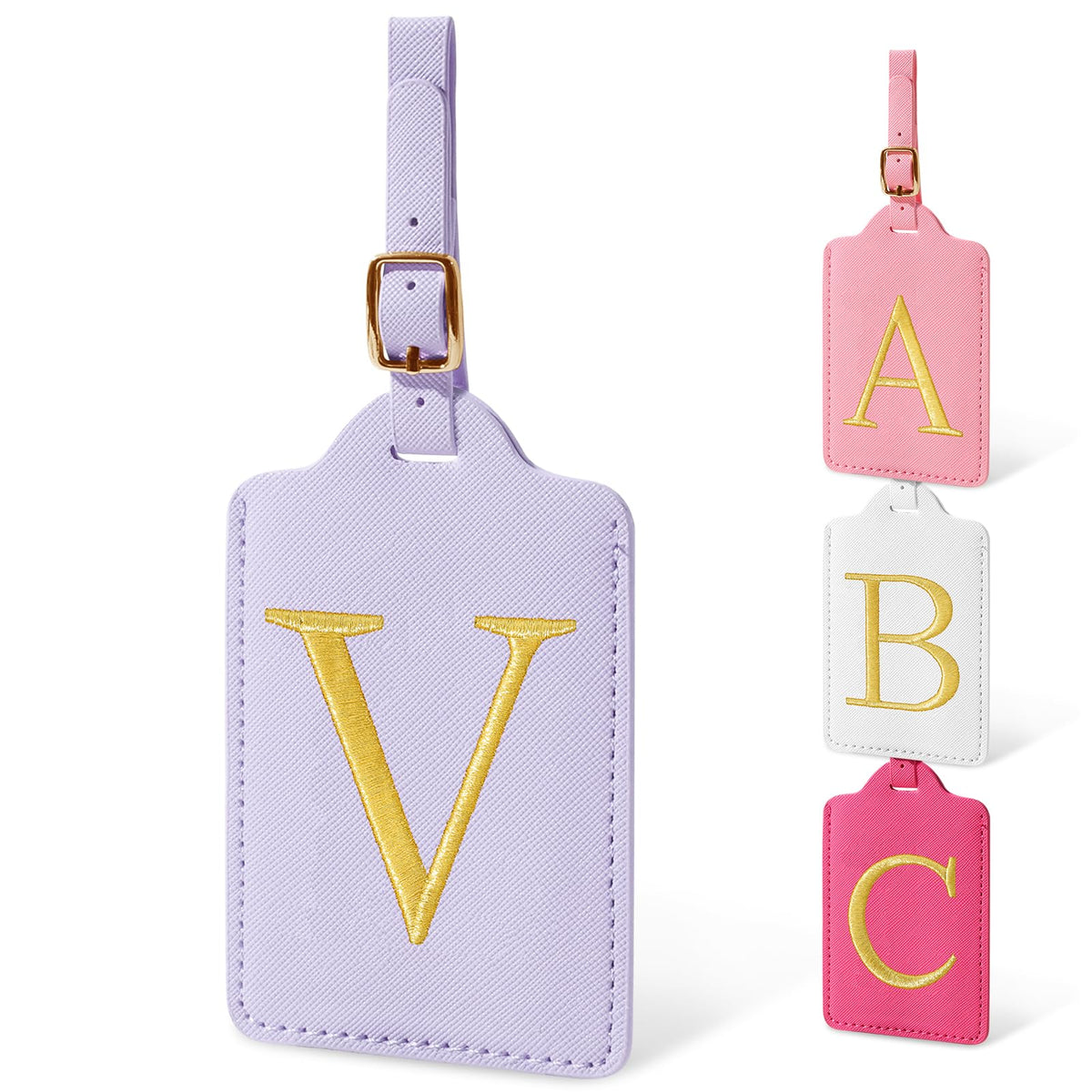 Personalized Initial Luggage Tags for Suitcases, Cute PU Leather Embroidered Letter Travel Luggage Tags, Suitcase Identifier Name Baggage Tag, Bag Tags for Men Women Kids Luggage Handbags(Pink M)