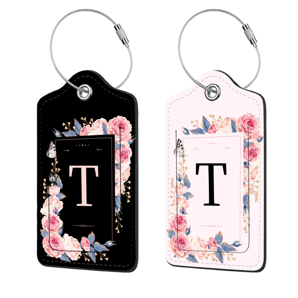 2 Pcs PU Leather Luggage Tag for Suitcases with Privacy Shield and Name ID Tag Address Card Travel Cruise Luggage Tag, Suitable for Men and Women Baggage Handbag Backpack,Flower and Monogram(Letter K