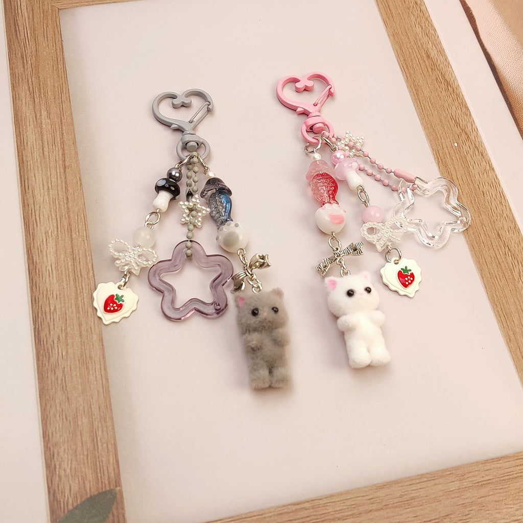 Cute Pink Fuzzy Cat Aesthetic Y2K Stylish Keychains