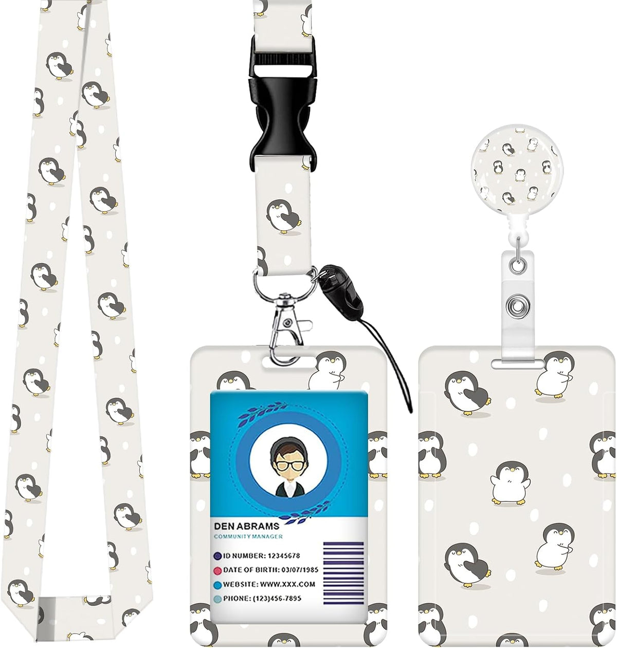 Badge Reels Retractable with Carabiner Reel Clip, ID Name Tag Work Badge Holder Belt Ferrule, Identity ID Badge Holder Cover Case for Office Work Nurse Teacher Student Gifts (Cute Cartoon Penguin)