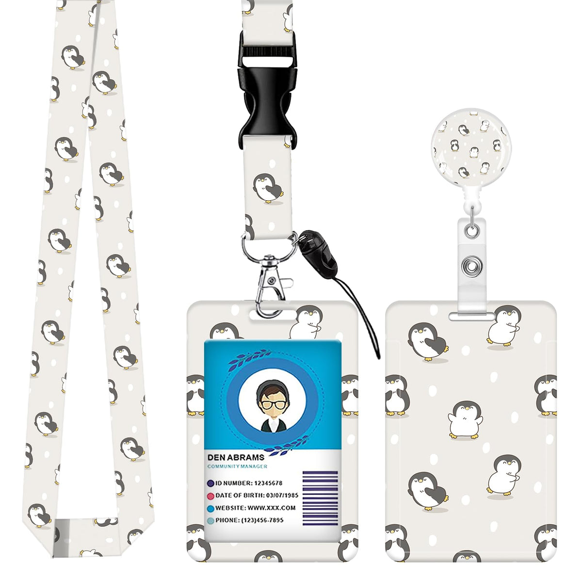 Badge Reels Retractable with Carabiner Reel Clip, ID Name Tag Work Badge Holder Belt Ferrule, Identity ID Badge Holder Cover Case for Office Work Nurse Teacher Student Gifts (Cute Cartoon Penguin)