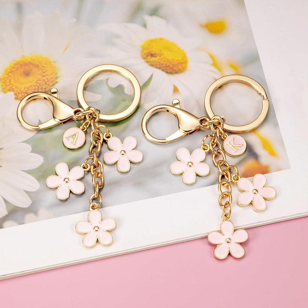 SELOVO Initial Keychain White/Pink/Black Cute Keychain Girl Purse Charms for Handbag Cute Letter Flower Keyring for Backpack