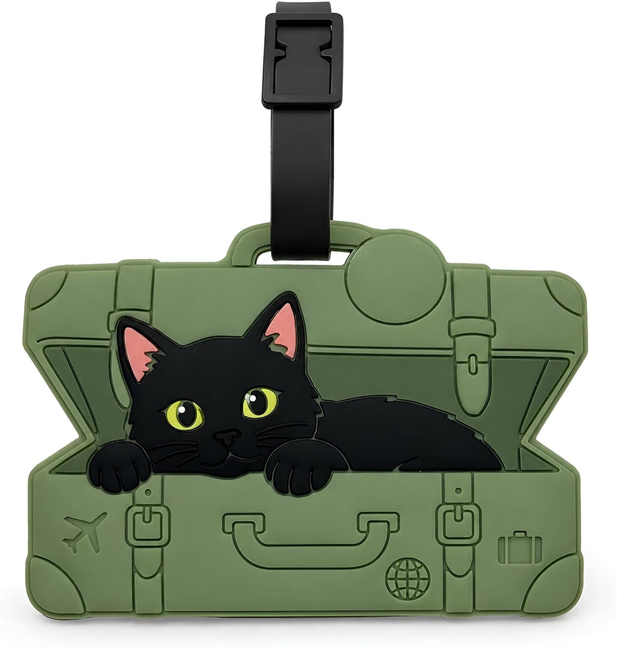 Peeking Black Cat Green Suitcase Silicone Luggage Tag for Travel Bags, Flexible Name Label with Adjustable Strap, Cute Identifier for Carry On, Backpacks, School Bags and Pet Lovers