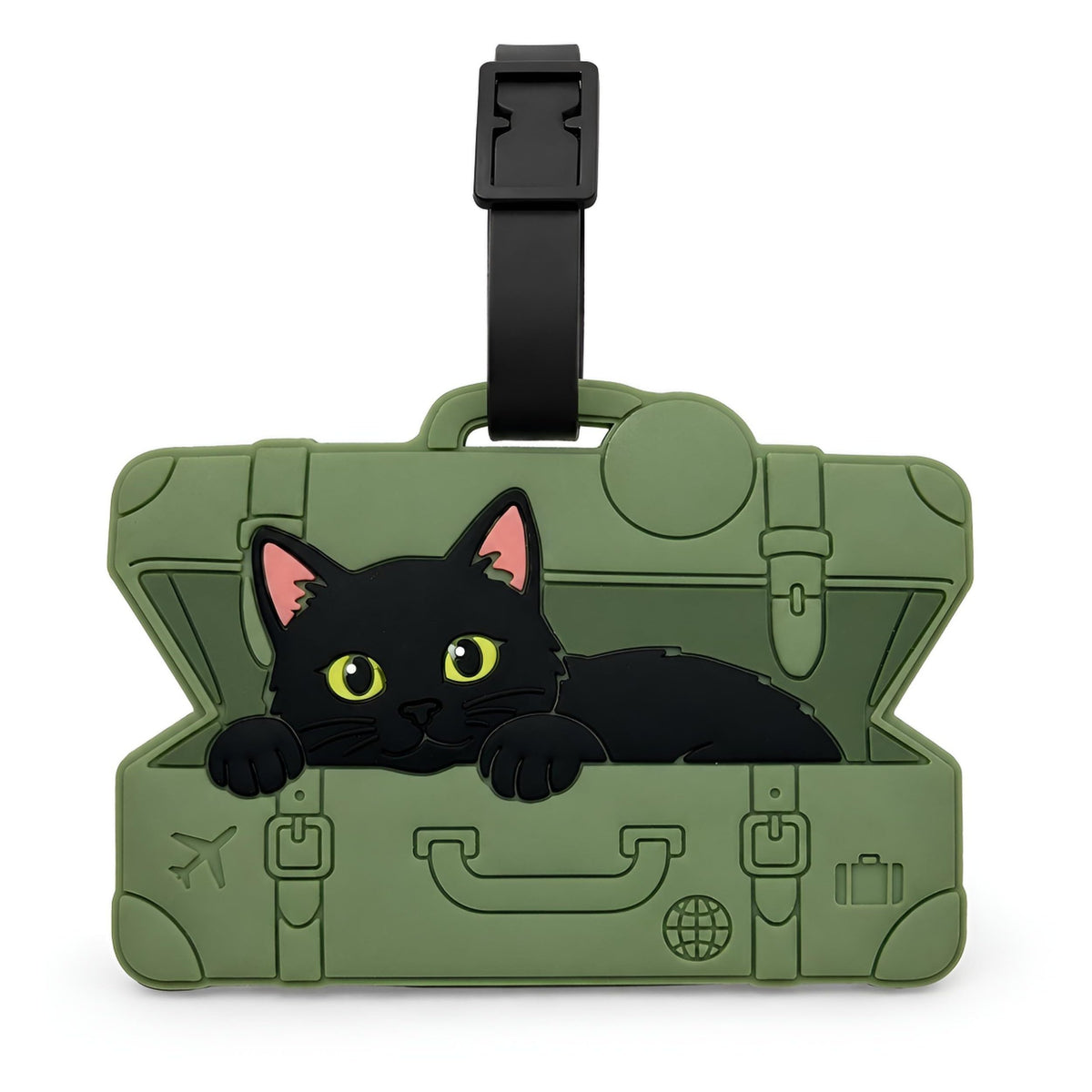 Peeking Black Cat Green Suitcase Silicone Luggage Tag for Travel Bags, Flexible Name Label with Adjustable Strap, Cute Identifier for Carry On, Backpacks, School Bags and Pet Lovers