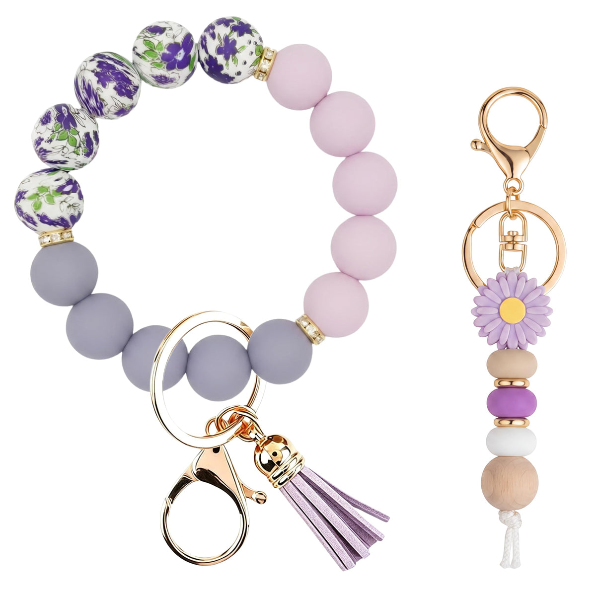 2PCS Bracelet Key Ring Set, Cute Car Key chain Wristlet, Silicone Beaded Bangle keyChains for Women Girls