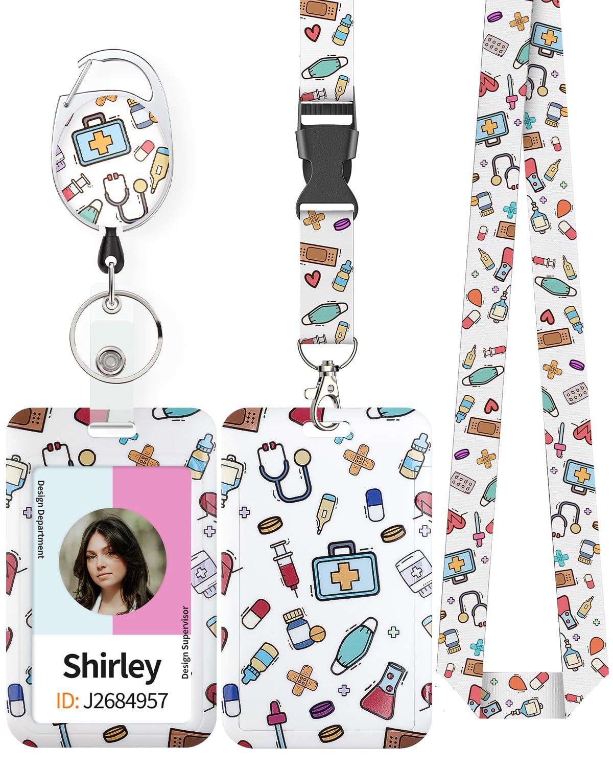 Uniclife Christmas Sliding Badge Holder Cartoon Santa Claus Hard ID Card Holder with Retractable Badge Reel Carabiner & Detachable Lanyard Strap Vertical Card Protector for Women Nurse Teacher Student