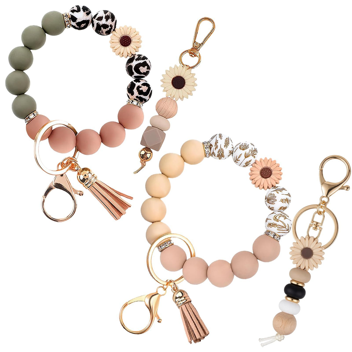 2PCS Bracelet Key Ring Set, Cute Car Key chain Wristlet, Silicone Beaded Bangle keyChains for Women Girls