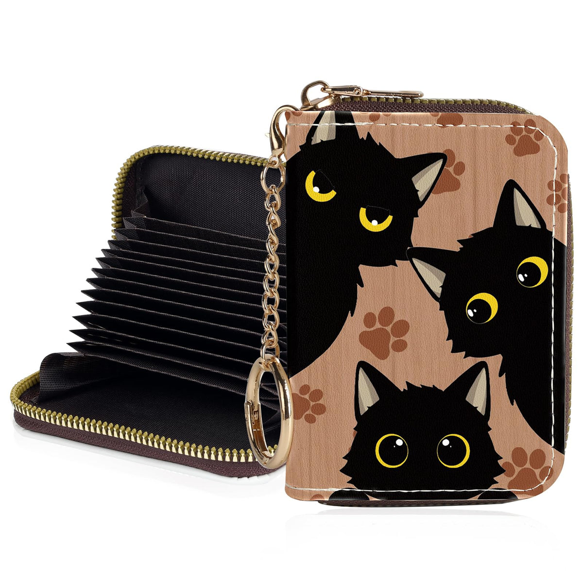 Credit Card Holder for Women,Small Rfid Wallet with Keychain Zipper,Cute PU Leather Card Case Wallet，Accordion Credit Card Wallets Gift,Flowers and Black Cat B