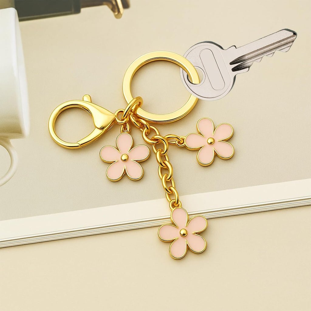 3Pcs Cute Keychain for Women, Flower Enamel Charm Keyring for Handbag Backpack Purse（White,Pink,Black