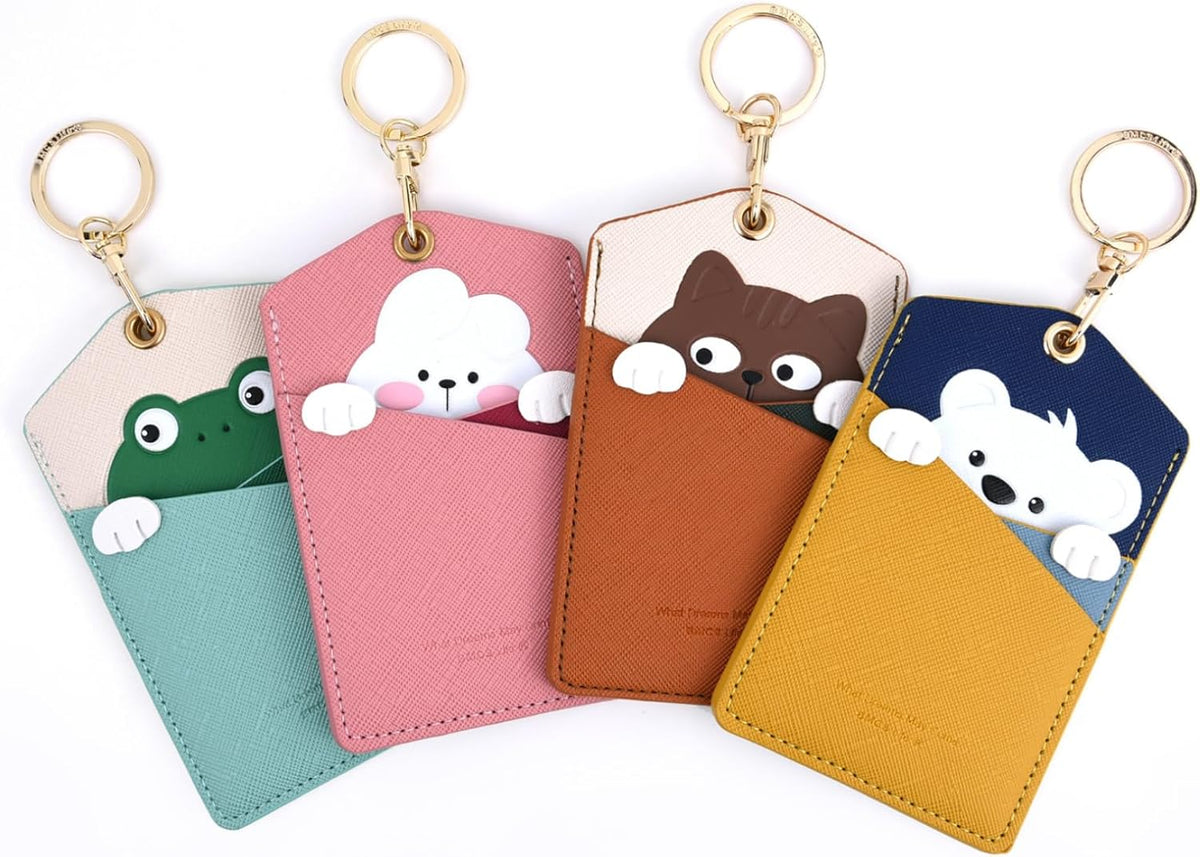 PU Leather ID Badge Holder, Cartoon Cute Badge Holder with 3 Card Slots