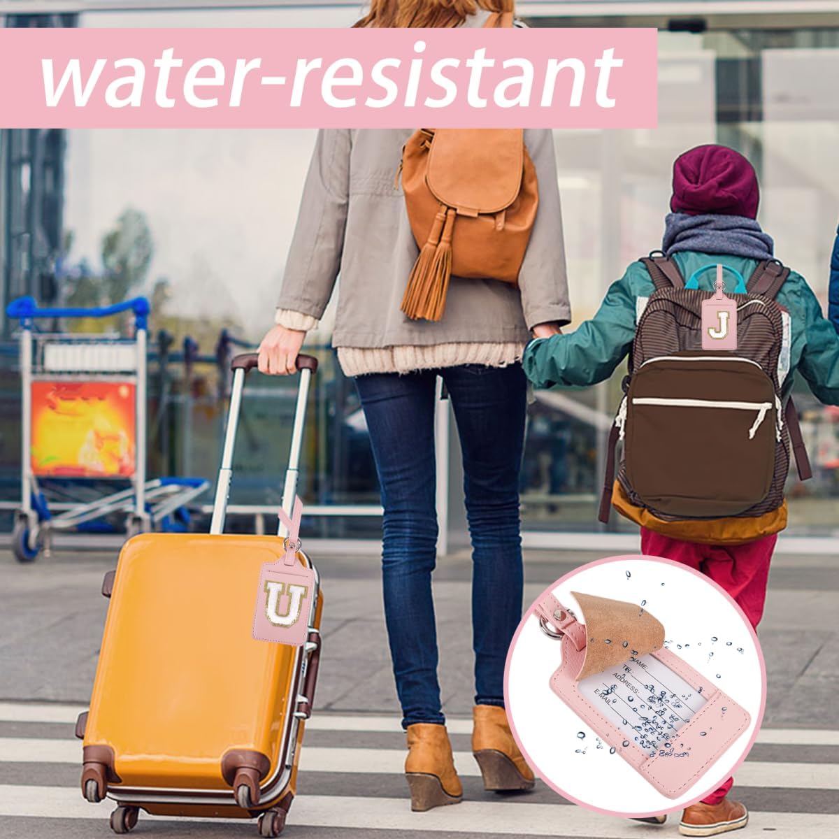 Personalized Initial Luggage Tags for Suitcases, Leather Chenille Letter Cute Luggage Tags with Privacy Name Card, Embroidered Travel Bag Backpack Tag Gifts for Women Kids Girls Teens(Pink-M)