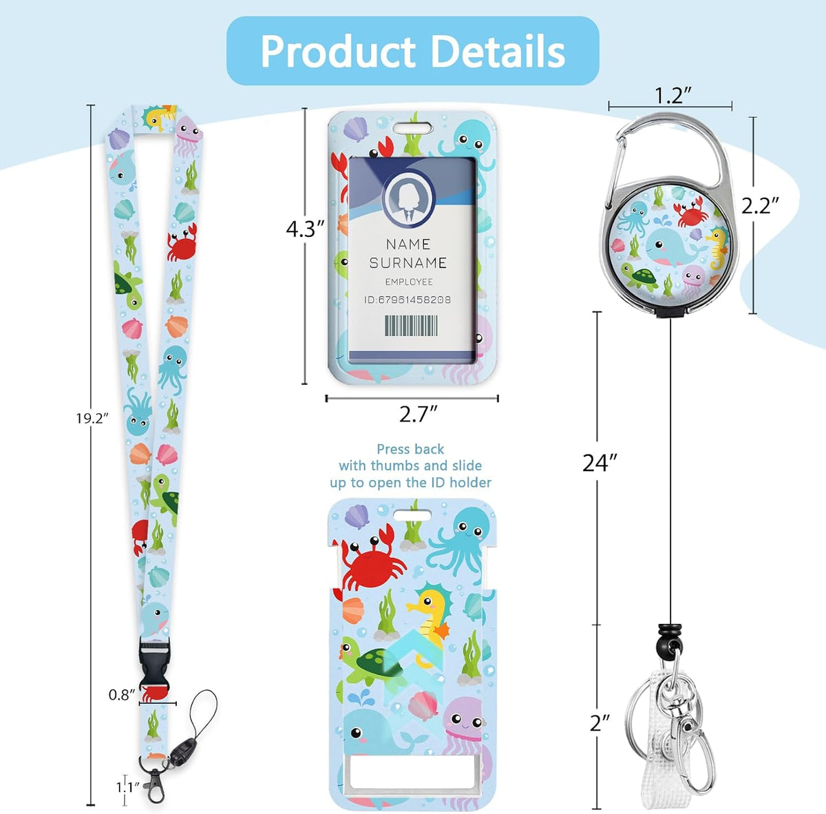 Gctriki Ocean Lanyards for ID Badges, Badge Holder Retractable Reel Clip
