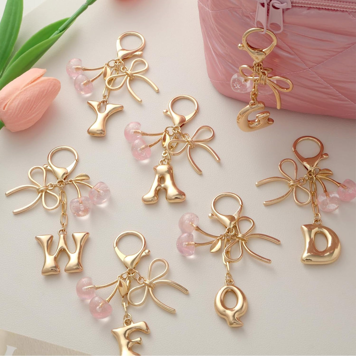 Snycler Bubble Initial Keychain with Bow & Cherry - Gold Letter Bag Charms for Women, Cute Purse Handbag Accessories