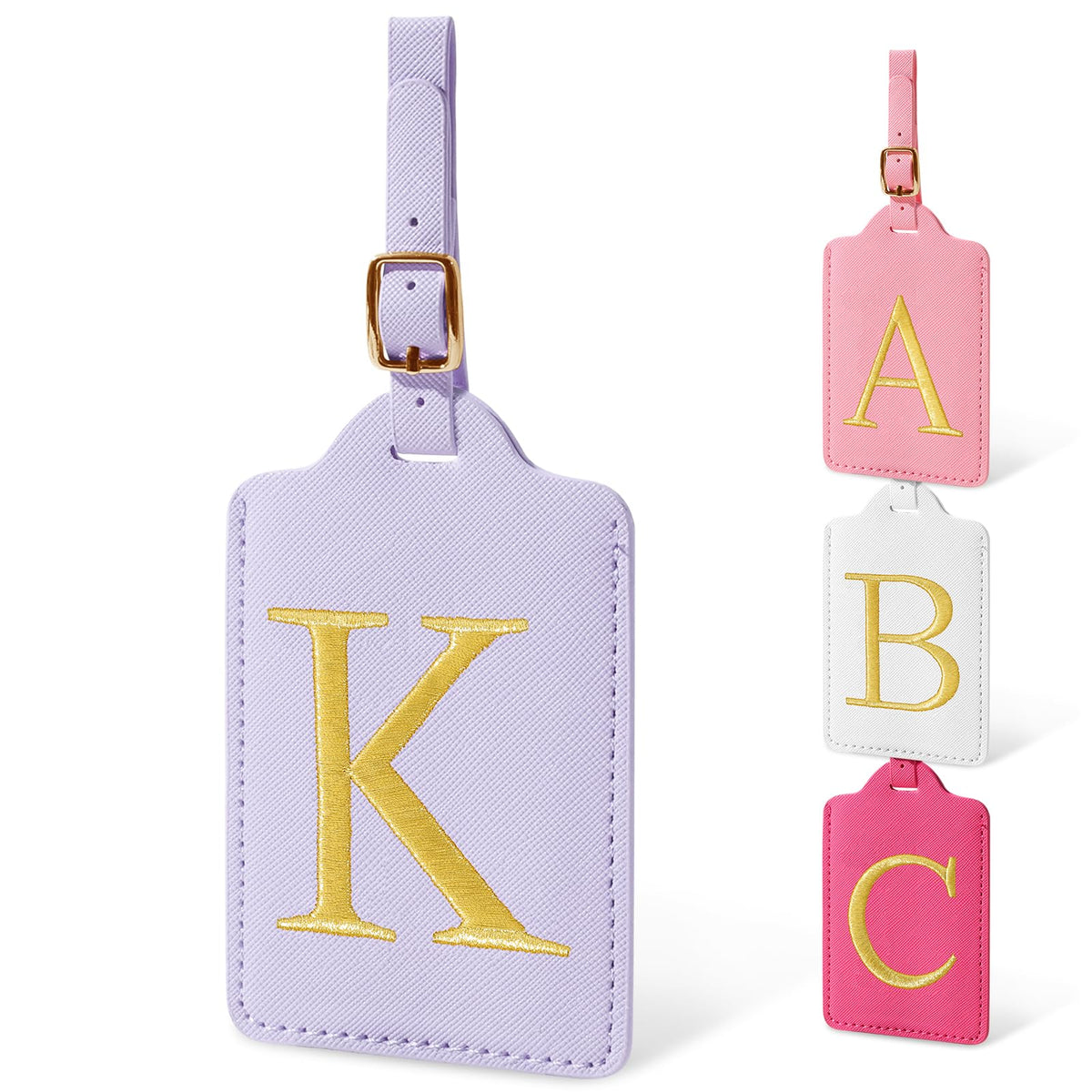 Personalized Initial Luggage Tags for Suitcases, Cute PU Leather Embroidered Letter Travel Luggage Tags, Suitcase Identifier Name Baggage Tag, Bag Tags for Men Women Kids Luggage Handbags(Pink M)