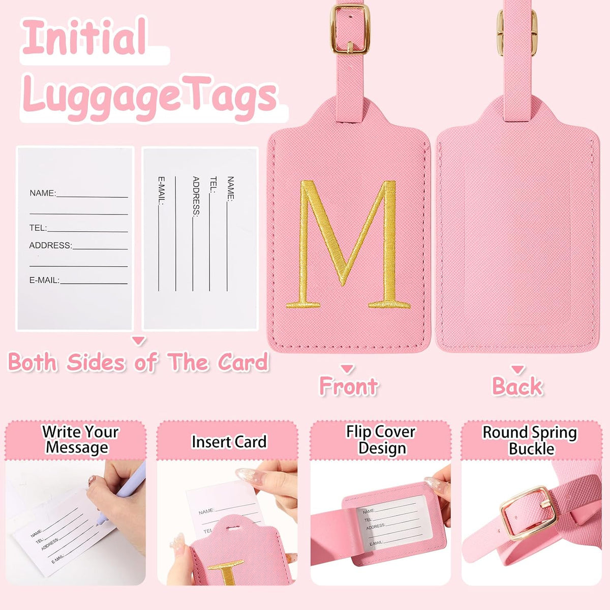 Personalized Initial Luggage Tags for Suitcases, Cute PU Leather Embroidered Letter Travel Luggage Tags, Suitcase Identifier Name Baggage Tag, Bag Tags for Men Women Kids Luggage Handbags(Pink M)