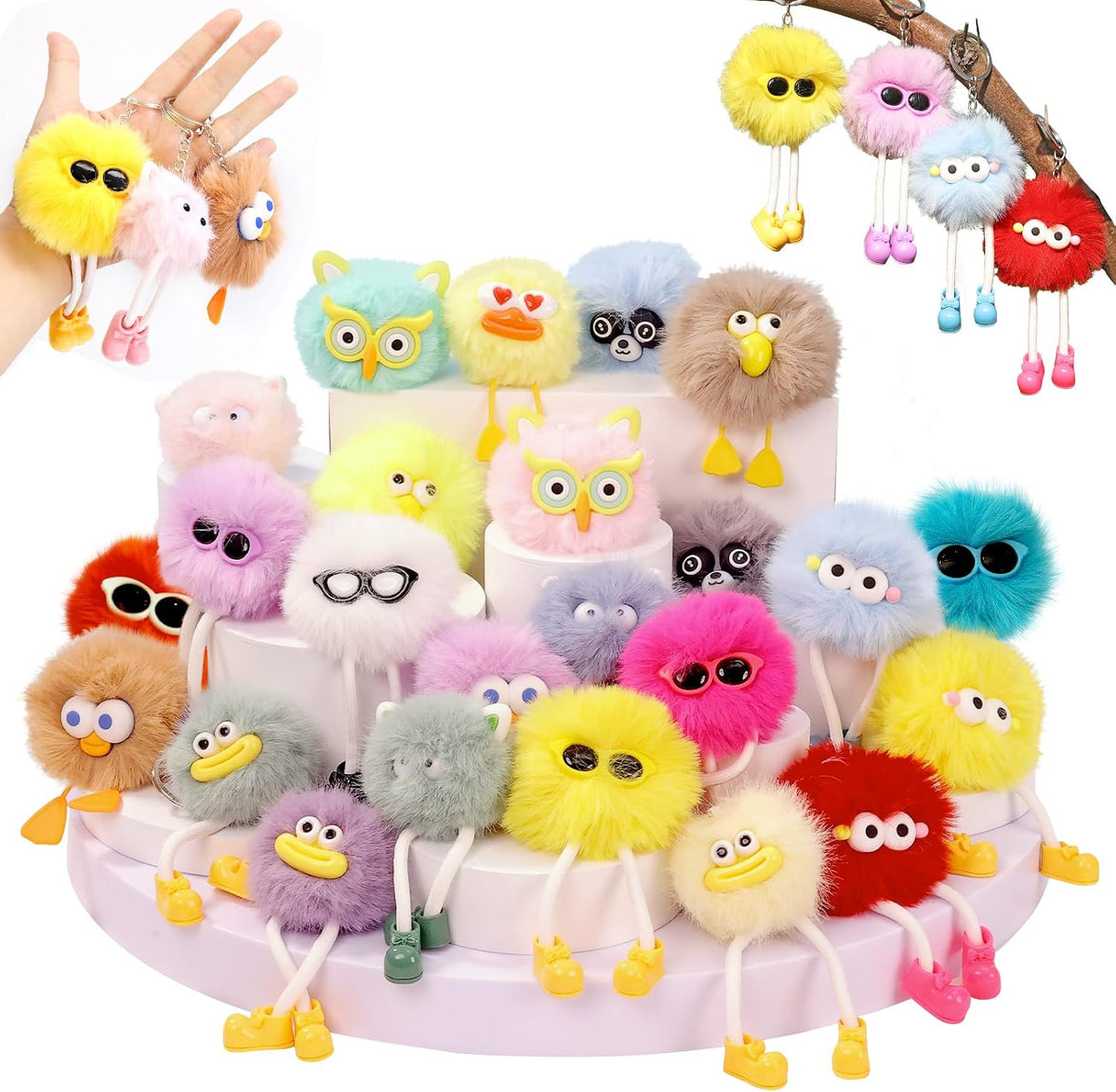 OMyFav 24 PCs Party Favors Keychains - Plush Backpack Keychain Bulk Kids Keychain Cute for Birthday Party Favors for Kids 8-12 Back to School Gifts for Students Classroom Prizes Elementary