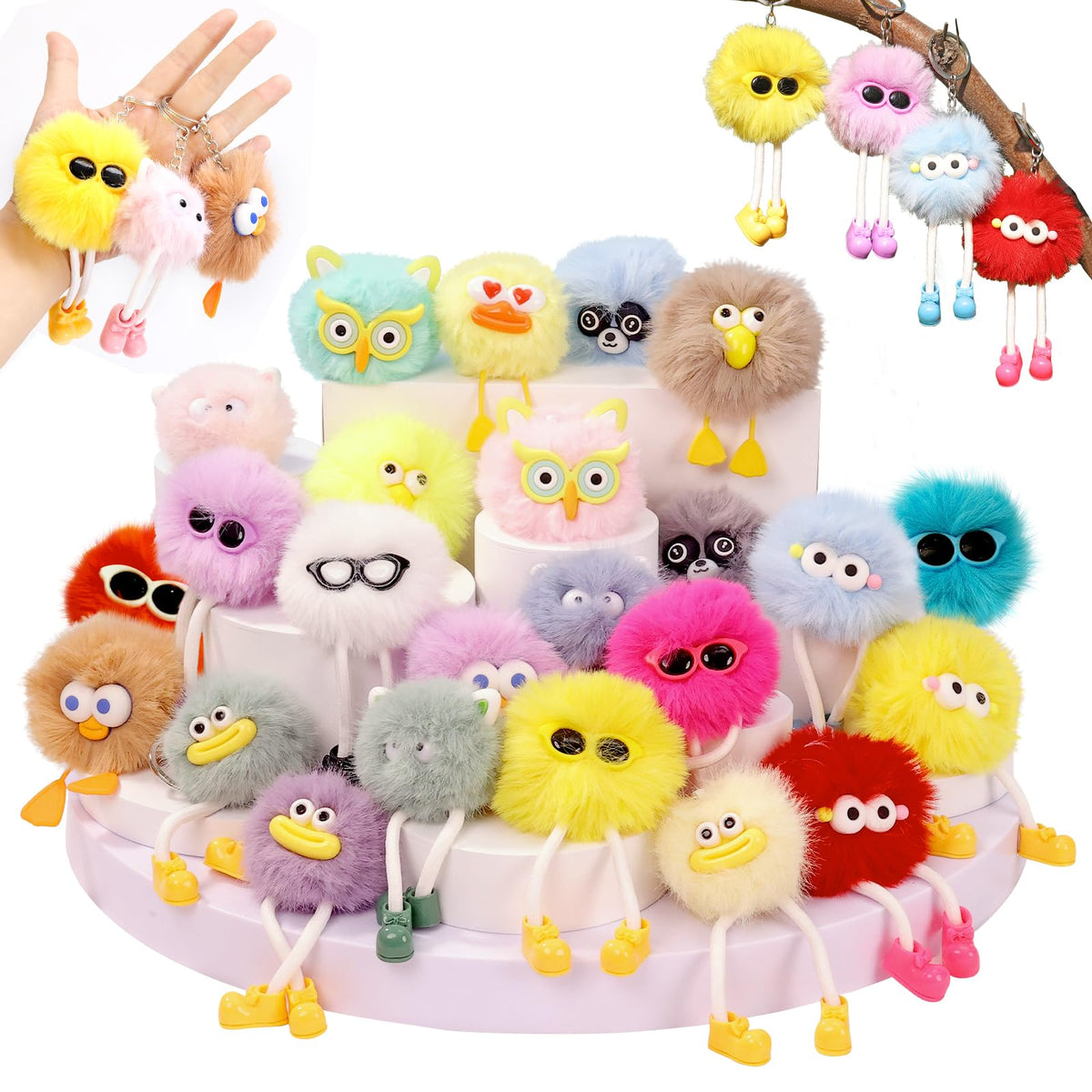 OMyFav 36 PCs Plush Keychains - Cute Keychain Bulk Back to School Gifts Fuzzy Keychain for Birthday Party Favors Goodie Bags Stuffers for Kids Classroom Prizes Treasure Box Prizes Backpack Charms