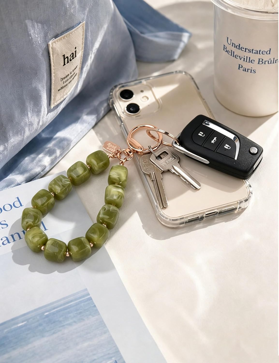 BAOSIWA Resin Beaded Keychain Wristlet for Women - Cute Car Key Chain Holder Key Ring Bracelet, Non-Elastic