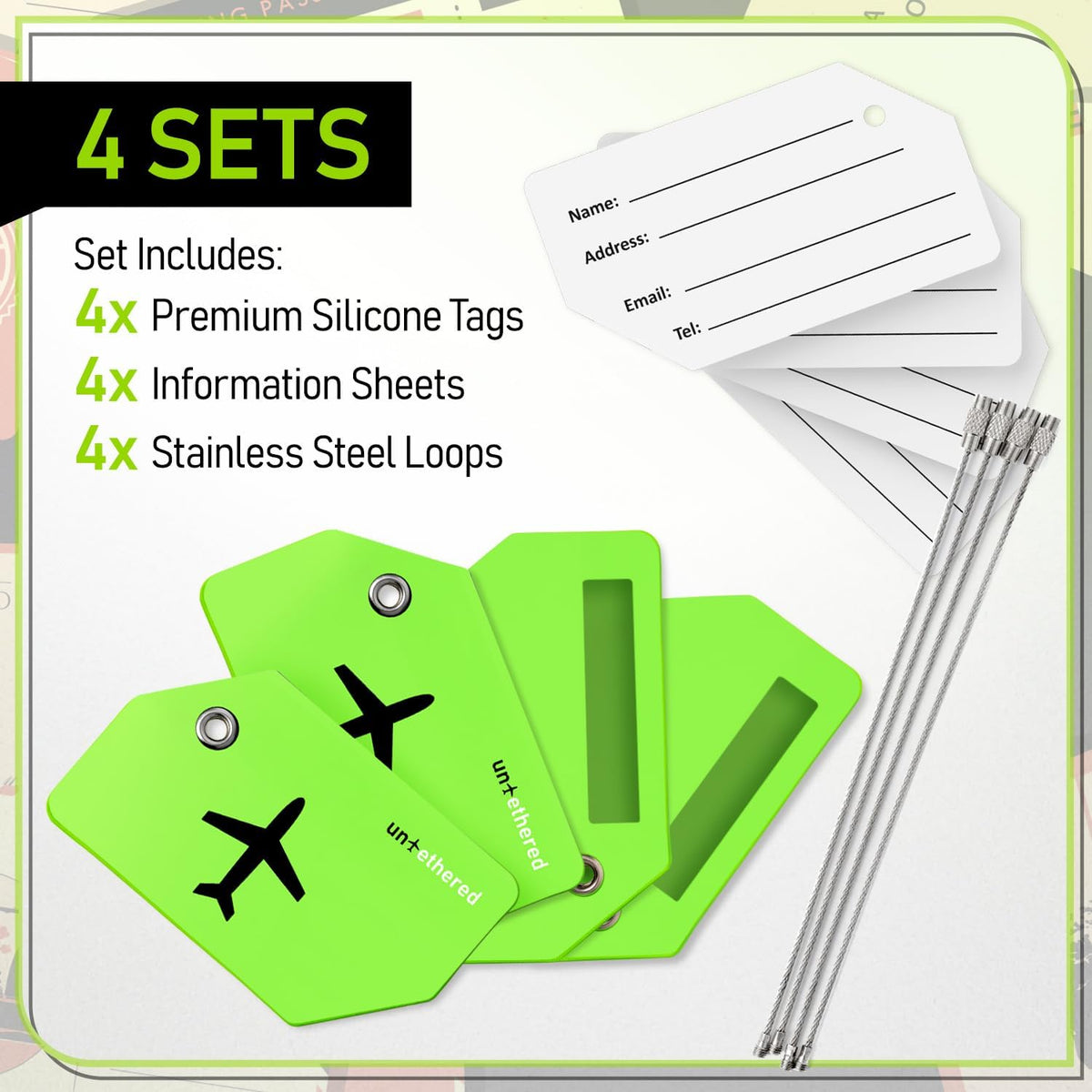 Untethered Luggage Tags for Suitcases, 4-Pack, Bag ID Tags, Green