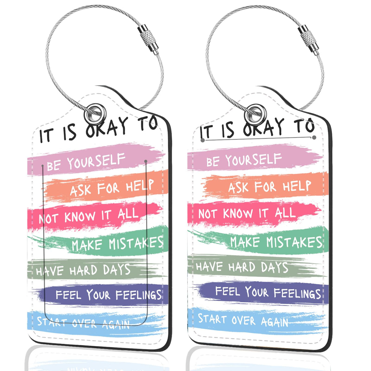 2Pack Luggage Tags for Suitcases, Cute Unique Pu Leather Cruise Luggage Tag with Privacy Cover ID Label Address Card and Metal Ring Suitable for Women Men Kids Travel Bag Inspirational Language