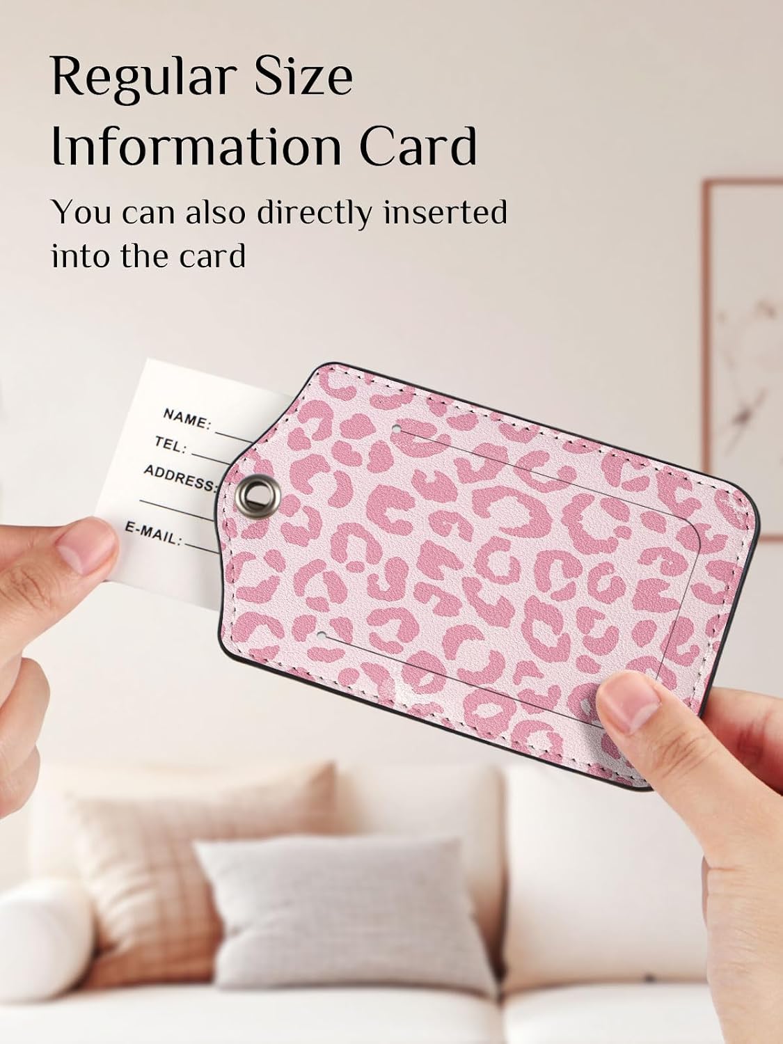 Seorsok 2 PCS Luggage Travel Tags for Suitcases,Cute Pink Leopard PU Leather Name Tag with Privacy Cover&ID Label Address Card and Durable Metal Ring Suitable for Men Women Handbags Backpack,Pink