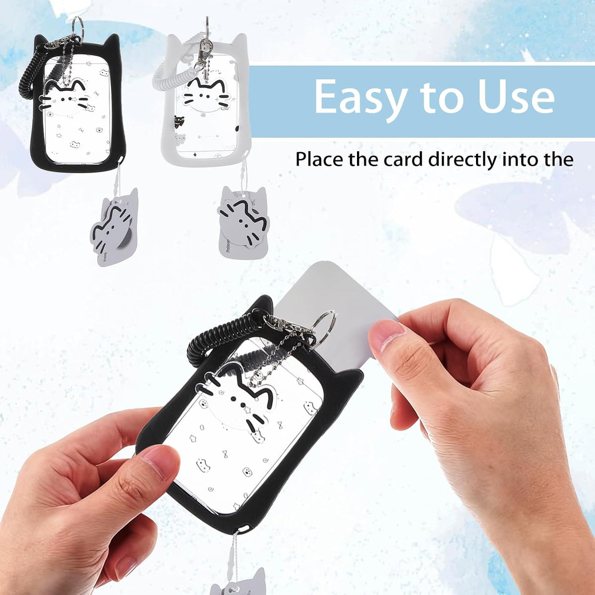 NICENEEDED 2 PCS Kpop Photocard Holder with Cartoon Cat Keychain, Kawaii Silicone White Black ID Holder, Transparent Photo Display Holder for Stationery Office Supplies