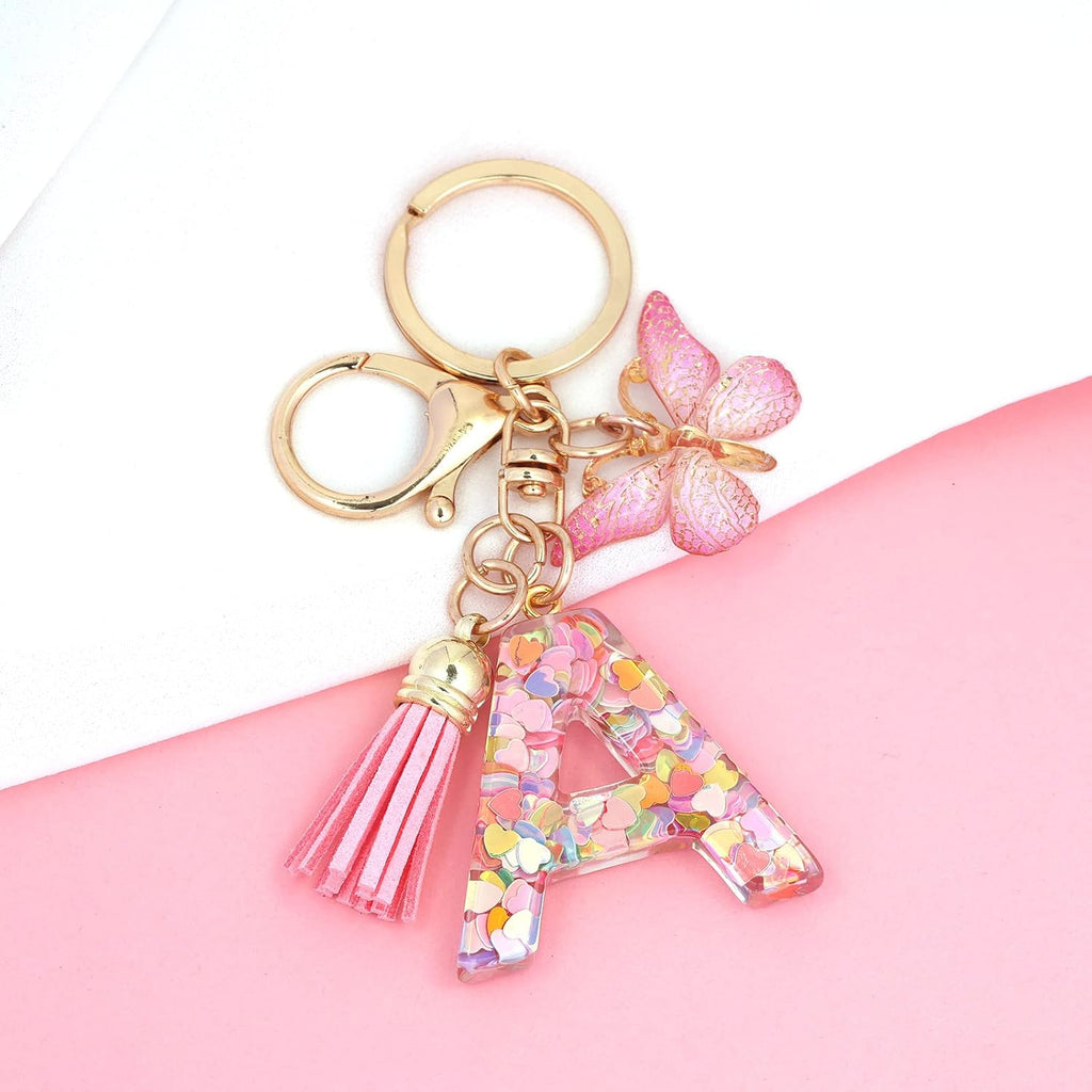 Fashion Alphabet Initial Letter Keychain Tassel Butterfly Pendant Key Ring for Purse Handbags Women Girl