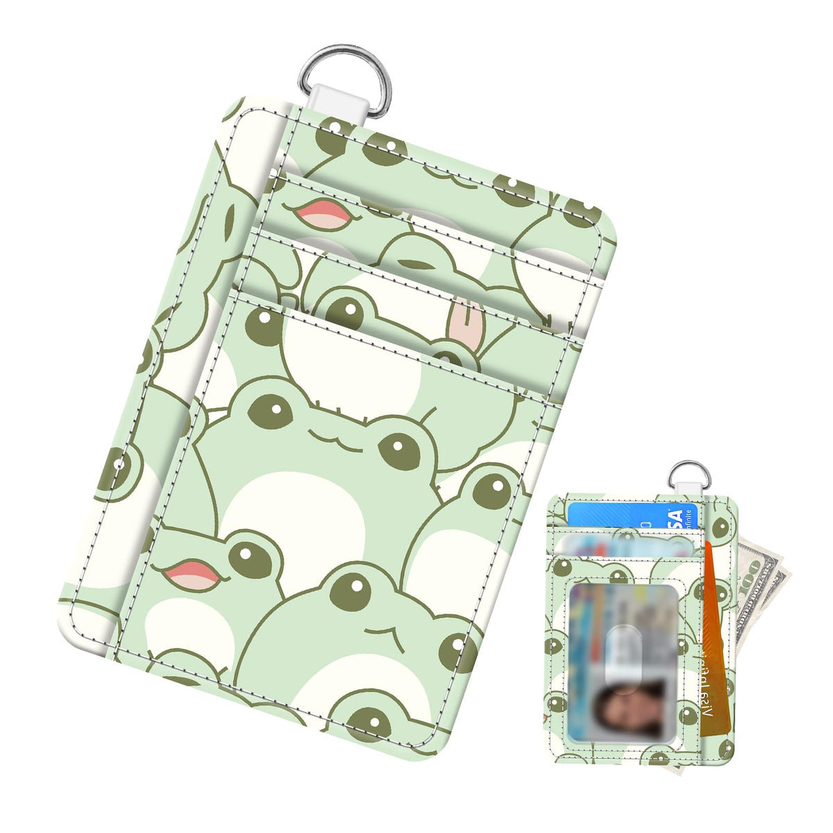 Cute Wallet Women, Funny RFID Credit Card Holder Slim Wallet, Front Pocket PU Leather Card Holder Travel for Men Women Green Frogs